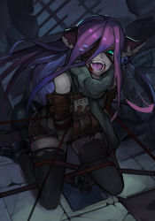 Rule 34 | 1girl, absurdres, animal ears, bare shoulders, black thighhighs, bound, bound arms, brown scarf, chain, commentary request, cuffs, fangs, from above, green eyes, highres, kneeling, long hair, looking at viewer, no shoes, open mouth, original, pointy ears, purple hair, restrained, ro g (oowack), scarf, shackles, skindentation, solo, stationary restraints, tears, teeth, thighhighs, tile floor, tiles, torn clothes, torn thighhighs
