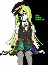 Rule 34 | 1girl, alina gray, black blood, black feathers, black hat, black shirt, black wristband, blood, blouse, boyano, breasts, cleavage, closed mouth, colored blood, facing viewer, feathers, fishnet thighhighs, fishnets, green eyes, green hair, grey thighhighs, hat, head tilt, long hair, looking at viewer, magia record: mahou shoujo madoka magica gaiden, mahou shoujo madoka magica, multicolored clothes, multicolored skirt, puffy short sleeves, puffy sleeves, see-through, see-through sleeves, shirt, short sleeves, sitting, skirt, small breasts, smile, solo, soul gem, thighhighs, two-tone background, zettai ryouiki