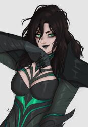 1girl absurdres black_bodysuit black_claws black_hair bodysuit breasts cape claws green_bodysuit green_eyes green_lines green_lips hela_(marvel) highres large_breasts long_hair long_sleeves looking_at_viewer marvel marvel_rivals shoulder_pads simple_background smile solo tabletorgy thor_(marvel)_(series) white_background