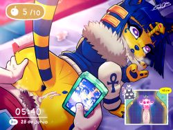 Rule 34 | 1boy, 1girl, all fours, animal crossing, animal ear fluff, animal ears, animal hands, animal nose, ankh, ankha (animal crossing), anus, artist name, ass grab, bandaged head, bandages, bed sheet, blue eyes, blue eyeshadow, blue hair, blue jacket, blue lips, blunt bangs, bob cut, body fur, bottomless, cat ears, cat girl, cat tail, cellphone, claws, constricted pupils, cum, cum in pussy, dated, day, doggystyle, drooling, egyptian, ejaculation, erection, eyeshadow, fallopian tubes, from above, from behind, fur-trimmed jacket, fur collar, fur trim, furry, furry female, furry with non-furry, glowing, glowing eyes, gold, hair ornament, hand up, heart, hetero, highres, holding, holding phone, hood, hood down, hooded jacket, indoors, internal cumshot, interspecies, jacket, lipstick, long sleeves, makeup, male pubic hair, mole, mole on ass, multiple views, nintendo, on bed, panteon013, pawpads, penis, phone, pov, pubic hair, raglan sleeves, recording, red shirt, saliva, saliva trail, self-upload, sex, sex from behind, shirt, short hair, sidelocks, signature, smartphone, snake hair ornament, solo focus, spanish text, spread anus, striped tail, sweat, tail, tail raised, tears, timestamp, tissue, tissue box, translation request, uncensored, used tissue, uterus, veins, veiny penis, villager (animal crossing), white sleeves, wide-eyed, x-ray, yellow fur, yellow pupils