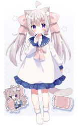 Rule 34 | 1girl, ahoge, animal ear fluff, animal ears, blue sailor collar, blush, bow, brown hair, carrying, carrying under arm, cat ears, cat girl, cat tail, chibi, commentary request, dress, finger to mouth, frilled dress, frills, gradient background, grey background, hair between eyes, hair ornament, hair ribbon, hand up, highres, holding, holding pillow, long hair, long sleeves, multiple boys, nakkar, no shoes, original, pillow, pink bow, pink ribbon, puffy long sleeves, puffy sleeves, purple eyes, ribbon, sailor collar, sailor dress, sleeves past wrists, socks, star (symbol), star hair ornament, stuffed animal, stuffed fish, stuffed toy, tail, twintails, twitter username, very long hair, white background, white dress, white socks, x x