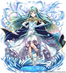 Rule 34 | 1girl, aura, barefoot, blue eyes, blue hair, bridal gauntlets, capelet, circlet, cloak, closed mouth, commentary request, dress, fantasy, floating hair, full body, gradient hair, highres, long dress, long hair, looking at viewer, magic, multicolored hair, official art, original, parted bangs, sakiyamama, senkuu no reconquista, smile, solo, very long hair, watermark, white dress