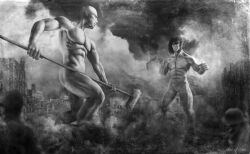 Rule 34 | 2boys, battle, duel, feet out of frame, giant, giant male, greyscale, hammer, highres, holding, holding hammer, looking at another, male focus, monochrome, multiple boys, muscular, muscular male, raised fists, rogue titan, shingeki no kyojin, simi braun, smoke, standing, titan (shingeki no kyojin), war hammer titan