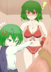 Rule 34 | !, 2girls, anger vein, angry, bikini, blue skirt, blush, breasts, cape, clothes hanger, clothes in front, collarbone, covering privates, covering breasts, curtains, dressing room, embarrassed, green eyes, green hair, hands on own hips, highres, holding, holding clothes, kabu (snowliptom), kazami yuuka, long sleeves, looking at viewer, looking back, multiple girls, navel, parted lips, pov, red bikini, red eyes, short hair, skirt, swimsuit, topless, touhou, wriggle nightbug