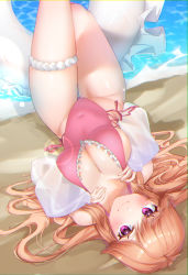 Rule 34 | 1girl, absurdres, azur lane, backless swimsuit, breasts, cleavage, frilled swimsuit, frills, highleg, highleg swimsuit, highres, large breasts, looking at viewer, lying, on back, one-piece swimsuit, orange hair, parfait, pink one-piece swimsuit, purple eyes, richelieu (azur lane), richelieu (fleuron of the waves) (azur lane), seele0907, smile, swimsuit, thigh strap, water