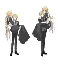 Rule 34 | 1boy, 1girl, aether (genshin impact), ahoge, alternate costume, apron, back bow, black bow, black dress, black footwear, black jacket, black necktie, black pants, blonde hair, blush, bow, braid, brother and sister, carrying, closed eyes, closed mouth, collared jacket, collared shirt, crossdressing, dress, enmaided, formal, full body, genshin impact, gloves, grey vest, hair between eyes, hair bow, hands up, highres, jacket, long hair, long sleeves, looking at another, lumine (genshin impact), maid, maid headdress, necktie, open clothes, open jacket, pants, princess carry, shirt, shoes, short hair, short hair with long locks, siblings, sidelocks, simple background, smile, sparkle, standing, suit, sweat, sweatdrop, taro7 omaeee, teeth, twins, v, vest, white apron, white background, white bow, white gloves, white shirt, yellow eyes