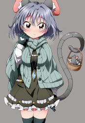 Rule 34 | 1girl, animal ears, black thighhighs, bwell, cradle, dress, extra ears, gloves, grey hair, hand on own face, highres, jewelry, looking at viewer, mouse (animal), mouse ears, mouse tail, nazrin, pendant, red eyes, ribbed sweater, solo, sweater, tail, thighhighs, touhou, winter clothes, zettai ryouiki