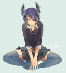 Rule 34 | 10s, 1girl, asuna (i luv), bad id, bad pixiv id, black thighhighs, butterfly sitting, expressionless, eyepatch, hands on feet, imperial japanese navy, kantai collection, miniskirt, necktie, plantar flexion, pleated skirt, purple hair, school uniform, short hair, sitting, skirt, skirt set, solo, tenryuu (kancolle), thighhighs, yellow eyes