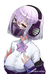 Rule 34 | 1girl, bow, bowtie, breasts, cosplay, covered erect nipples, faceplate, female focus, gridman universe, hair between eyes, half mask, hands up, haraya, haraya manawari, head tilt, headphones, jacket, large breasts, lavender neckwear, light purple hair, long sleeves, mask, neck, off shoulder, optimus prime, optimus prime (cosplay), optimus prime (sg), purple jacket, purple mask, red eyes, school uniform, shinjou akane, shirt, simple background, sleeves past wrists, solo, ssss.gridman, transformers, transformers shattered glass, upper body, white background, white shirt