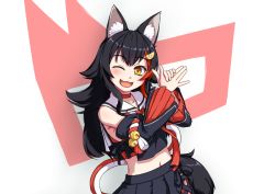 Rule 34 | 1girl, :3, ;d, animal ear fluff, animal ears, bell, black hair, choker, collarbone, detached sleeves, dog shadow puppet, fang, hair ornament, hairclip, hololive, jingle bell, kagelantern, long hair, looking at viewer, midriff, multicolored hair, navel, one eye closed, ookami mio, ookami mio (1st costume), open mouth, pleated skirt, red hair, sailor collar, skirt, smile, solo, streaked hair, tail, virtual youtuber, wolf ears, wolf girl, wolf tail, yellow eyes