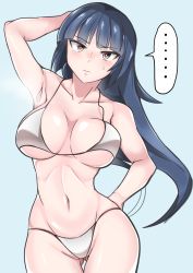 Rule 34 | ..., 1girl, arm behind back, arm behind head, arm up, armpits, bikini, blush, breasts, cleavage, collarbone, commentary request, cowboy shot, creatures (company), embarrassed, game freak, grey bikini, hand on own hip, highres, large breasts, long hair, looking at viewer, navel, nintendo, pink eyes, pokemon, pokemon frlg, sabrina (pokemon), shiny skin, simple background, solo, speech bubble, spoken ellipsis, sumida kichi, sweatdrop, swimsuit