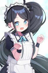 Rule 34 | 1girl, apron, aris (blue archive), aris (maid) (blue archive), black dress, black hair, blue archive, blue eyes, blue ribbon, blush, clenched hands, collared dress, commentary request, dress, frilled apron, frills, halo, hands up, highres, long hair, looking at viewer, maid, maid apron, maid headdress, neck ribbon, nenosame, official alternate costume, open mouth, puffy short sleeves, puffy sleeves, ribbon, ringed eyes, short sleeves, side ponytail, simple background, solo, swept bangs, very long hair, white apron, white background