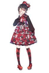 Rule 34 | 1girl, argyle, argyle clothes, argyle legwear, benghuai 7, black bow, black hair, black sleeves, bow, card, dress, earrings, full body, hair bow, holding, holding card, jewelry, lolita fashion, long sleeves, mary janes, neck ribbon, one eye closed, original, over-kneehighs, platform footwear, playing card, playing card print, ponytail, print dress, red dress, red eyes, red footwear, red ribbon, ribbon, shoes, sidelocks, simple background, solo, standing, thighhighs, white background