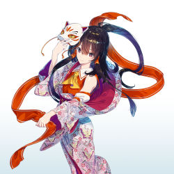 Rule 34 | 1girl, ascot, bare shoulders, black hair, blue background, brown eyes, commentary request, detached sleeves, feet out of frame, floral print, fox mask, gradient background, hair between eyes, hair tubes, hakurei reimu, hand up, holding, holding mask, holding ribbon, japanese clothes, kimono, long hair, long sleeves, looking at viewer, mask, obi, off shoulder, red ribbon, red sash, ribbon, sash, sidelocks, smile, solo, tassel, touhou, white background, wide sleeves, yellow ascot, zounose