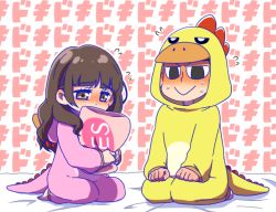 Rule 34 | &gt;:&gt;, 10s, 1boy, 1girl, :&gt;, barefoot, black eyes, black hair, blush, couple, covered mouth, dinosaur costume, embarrassed, empty eyes, eyebrows, flying sweatdrops, full-face blush, hair down, hetero, holding, holding pillow, hood, hood down, jyushimatsu&#039;s girlfriend, kozakura (i s 15), long hair, long sleeves, looking down, matsuno jyushimatsu, nervous, nervous sweating, on bed, osomatsu-kun, osomatsu-san, osomatsu (series), pillow, seiza, sitting, sweat, sweatdrop, text background, text focus, v-shaped eyebrows, yes, yes-no pillow