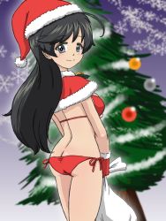 Rule 34 | 1girl, ahoge, alternate costume, ass, back, bell, bikini, black eyes, black hair, blue background, blurry, blurry background, breasts, butt crack, capelet, christmas, christmas ornaments, christmas tree, closed mouth, commentary, cowboy shot, depth of field, from behind, fur-trimmed capelet, fur trim, garland (decoration), girls und panzer, gloves, halterneck, hat, holding, holding sack, holly, isuzu hana, jingle bell, light blush, long hair, looking at viewer, looking back, medium breasts, red bikini, red capelet, red gloves, red hat, sack, santa bikini, santa gloves, santa hat, side-tie bikini bottom, smile, snowflake background, solo, standing, swimsuit, takahashi kurage