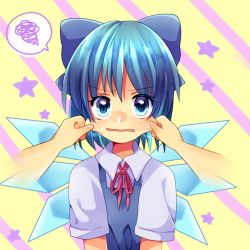Rule 34 | 1girl, blue eyes, blue hair, bow, cheek pinching, cheek pull, cirno, commentary, doroshii, hair bow, ice, ice wings, looking at viewer, matching hair/eyes, neck ribbon, pinching, pov, red ribbon, ribbon, short hair, short sleeves, solo, spoken squiggle, squiggle, star (symbol), striped, striped background, touhou, upper body, wavy mouth, wings