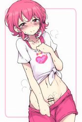 Rule 34 | 1boy, bar censor, blush, censored, closed mouth, commentary, erection, half-closed eyes, reona west, male focus, mole, mole under eye, motsuaki, navel, nose blush, penis, pink eyes, pink hair, pink shorts, pretty series, pripara, shirt, short hair, shorts, simple background, smile, solo, standing, sweater, trap, undressing, white background, white shirt
