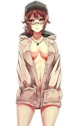 Rule 34 | 1girl, breasts, brown eyes, brown hair, coat, cross, expressionless, glasses, hands in pockets, hat, highres, iron cross, jewelry, naked coat, navel, necklace, original, packge, pendant, shiny skin, solo, standing