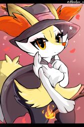 Rule 34 | 1girl, absurdres, animal ear fluff, animal ears, animal hands, animal nose, artist name, black cape, black fur, black hat, body fur, braixen, cape, closed mouth, clothed pokemon, cowboy shot, creatures (company), ears through headwear, eyeshadow, female focus, fire, fox ears, fox girl, fox tail, furry, furry female, game freak, gen 6 pokemon, hand on own chest, hand up, happy, hat, highres, holding, holding stick, letterboxed, looking at viewer, makeup, meeka, multicolored fur, neck fur, nintendo, orange eyes, petals, pokemon, pokemon (creature), red background, red eyeshadow, smile, snout, solo, sparkle, split mouth, standing, star (symbol), stick, tail, twitter username, watermark, white fur, witch, witch hat, yellow fur