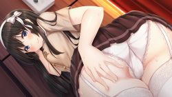 Rule 34 | 1girl, ai kiss 2, ass, black hair, blue eyes, blush, breasts, censored, closed mouth, embarrassed, female focus, from behind, game cg, garter straps, giga (company), groin, hair ribbon, hairband, highres, indoors, kirisawa saki, large breasts, legs, long hair, looking at viewer, looking back, mosaic censoring, nipples, original, panties, partially visible vulva, pussy, ribbon, school uniform, skirt, smile, solo, standing, sweat, thigh gap, thighhighs, thighs, tosu towako, underwear, white ribbon, white thighhighs