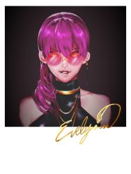 Rule 34 | 1girl, bare shoulders, black background, border, collarbone, cotab, earrings, evelynn (league of legends), glasses, gold, gold necklace, hair over shoulder, highres, jewelry, k/da (league of legends), k/da evelynn, league of legends, lipstick, looking at viewer, makeup, necklace, pink-tinted eyewear, pink-tinted glasses, portrait, purple hair, red lips, rimless eyewear, round eyewear, signature, sleeveless, solo, sunglasses, teeth, tinted eyewear, turtleneck, v-shaped eyebrows, white border, yellow-framed eyewear, yellow eyes