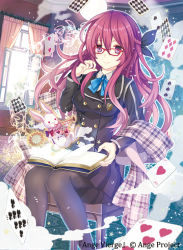 Rule 34 | 10s, 1girl, ange vierge, bad id, bad pixiv id, black pantyhose, black ribbon, black skirt, blue bow, blue bowtie, blush, book, bow, bowtie, buttons, card, chair, club (shape), copyright name, curtains, diamonds (playing card), gradient hair, hair ribbon, half updo, heart, hearts (playing card), indoors, instrument, long hair, long sleeves, looking at viewer, multicolored hair, nozomi fuuten, open book, original, pantyhose, pink hair, plaid, plaid scarf, playing card, purple eyes, purple hair, rabbit, red-framed eyewear, ribbon, scarf, school uniform, sitting, skirt, smile, solo, spade (shape), trumpet, window