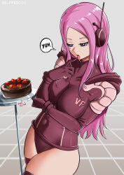 Rule 34 | 1girl, alternate costume, ass, bent over, cake, cameltoe, character name, crossed arms, curvy, egghead island, elpipe 3000, english text, food, fruit, grin, highres, jewelry bonney, jewelry bonney (egghead), leotard, lips, lipstick, looking at viewer, makeup, official alternate costume, one piece, purple leotard, revealing clothes, sexually suggestive, shiny clothes, shiny skin, smile, strawberry, tongue, tongue out, wide hips