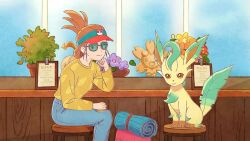 Rule 34 | 1girl, animated, backpack, bag, brown hair, closed mouth, commentary request, creatures (company), earrings, flower, flower pot, game freak, gen 4 pokemon, hand up, head rest, holding, jewelry, leafeon, long sleeves, looking at viewer, nintendo, official art, pants, pink bag, pokemon, pokemon (creature), shirt, sitting, smile, stool, sunglasses, tagme, unworn backpack, unworn bag, video, visor cap, yellow shirt
