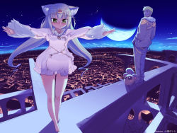 Rule 34 | 1boy, 1girl, animal ears, arch, bare legs, barefoot, blonde hair, blue eyes, blue hair, blush, breasts, cannonball ~neko neko machine mou-race!~, cat ears, chain, city, cityscape, creature, crescent moon, dress, green eyes, koume keito, light purple hair, long hair, moon, night, night sky, outstretched arms, planet, see-through, short hair, sky, small breasts, spread arms, star (symbol), twintails, very long hair, white hair