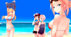 Rule 34 | 10s, 4girls, :d, alternate costume, armpits, arms at sides, arms up, back, beach, bikini, bikini skirt, bismarck (kancolle), blonde hair, blue bikini, blue eyes, blue sky, blue one-piece swimsuit, breasts, brown hair, closed mouth, day, fk, flat chest, goggles, goggles on head, green eyes, hair bun, highres, holding hands, index finger raised, kantai collection, large breasts, long hair, looking at another, looking at viewer, looking back, looking to the side, low twintails, multiple girls, ocean, one-piece swimsuit, one eye closed, open mouth, outdoors, polka dot, polka dot bikini, prinz eugen (kancolle), red bikini, red eyes, sand, shade, short hair, sideboob, sidelocks, silver hair, single hair bun, sky, smile, standing, stomach, strap gap, swimsuit, twintails, undressing, z1 leberecht maass (kancolle), z3 max schultz (kancolle)