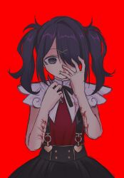 Rule 34 | 1girl, ame-chan (needy girl overdose), black eyes, black hair, black ribbon, black skirt, bleeding, blood, blood on arm, blood on face, boxcutter, collar, collared shirt, commentary, hair ornament, hair over one eye, hair tie, hairclip, highres, holding boxcutter, human experiment (wwinterdotcom), neck ribbon, needy girl overdose, red background, red shirt, ribbon, self-harm, shirt, shirt tucked in, simple background, skirt, solo, suspender skirt, suspenders, symbol-only commentary, twintails, white collar, wrist cutting, x hair ornament