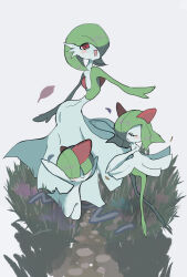 Rule 34 | 1other, 2girls, arched back, arms up, blunt bangs, blush, blush stickers, bob cut, bowl cut, closed eyes, closed mouth, colored skin, covered eyes, creatures (company), dancing, evolutionary line, flat chest, full body, game freak, gardevoir, gen 3 pokemon, grass, green hair, green skin, grey background, hair over eyes, hair over one eye, happy, highres, kirlia, long legs, looking at viewer, medium hair, multicolored skin, multiple girls, nintendo, one eye covered, open mouth, outdoors, outstretched arms, pokemon, pokemon (creature), ralts, red eyes, short hair, sidelocks, smile, sobacha, standing, two-tone skin, u u, white skin