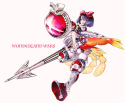 Rule 34 | 1girl, armor, blush, bow, clothing cutout, copyright name, feathered wings, greaves, grey background, hair between eyes, high heels, holding, holding polearm, holding shield, holding weapon, lance, low wings, maeshima shigeki, medium hair, navel, navel cutout, open mouth, orange wings, patterned, patterned clothing, polearm, polka dot, polka dot bow, puffy sleeves, purple eyes, purple hair, shield, simple background, smile, solo, teeth, tongue, upper teeth only, weapon, wings, wonderland wars