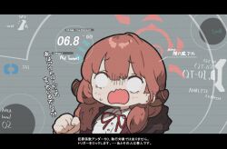 Rule 34 | 1girl, amonitto, aru (blue archive), blue archive, chibi, hand up, highres, horns, japanese text, red hair, solo
