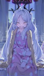 Rule 34 | 1girl, absurdres, ahoge, backlighting, bed, bed sheet, bedroom, blue archive, blurry, building, commentary request, crying, curtains, demon girl, depth of field, forehead, hair between eyes, halo, highres, hina (blue archive), hina (pajamas) (blue archive), indoors, jacket, jacket on shoulders, long hair, long sleeves, looking at viewer, moonlight, muina, night, night sky, official alternate costume, pajamas, parted bangs, pink pajamas, polka dot, polka dot pajamas, sidelocks, sitting, sky, skyscraper, solo, sweater, sweater jacket, wavy hair, white hair, window, yellow sweater