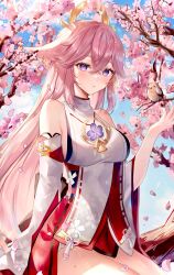 Rule 34 | 1girl, animal ears, bare shoulders, bird, breasts, cherry blossoms, detached sleeves, earrings, expressionless, floppy ears, fox ears, genshin impact, hair between eyes, hair ornament, highres, japanese clothes, jewelry, long hair, looking at viewer, medium breasts, nontraditional miko, pink fur, pink hair, pudding cream, purple eyes, sideboob, solo, thighs, turtleneck, wide sleeves, yae miko