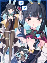 Rule 34 | 1388chan, 1girl, animal ears, belt, black gloves, black hair, black leotard, blue hair, bow, bowtie, breasts, brown pantyhose, chibi, colored inner hair, detached collar, eyeliner, fake animal ears, fate/grand order, fate (series), gloves, grey eyes, heart, heart hands, highleg, highleg leotard, highres, jacket, leotard, long hair, long sleeves, looking at viewer, makeup, multicolored clothes, multicolored hair, multicolored jacket, multiple views, open mouth, pantyhose, playboy bunny, rabbit ears, red gloves, sidelocks, small breasts, smile, tenochtitlan (fate), tenochtitlan (swimsuit mooncancer) (fate), tenochtitlan (swimsuit mooncancer) (third ascension) (fate), thighs, two-tone jacket, white jacket, yellow jacket