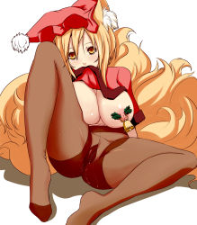 Rule 34 | 1girl, animal ears, bell, black pantyhose, blonde hair, breasts, brown pantyhose, cameltoe, christmas, clothes lift, dearmybrothers, female focus, fox ears, fox tail, gusset, hat, highres, large breasts, looking at viewer, mouth hold, nipple bells, nipple piercing, nipples, original, pantyhose, piercing, santa costume, santa hat, shirt lift, simple background, sitting, solo, tail, touhou, white background, yakumo ran, yellow eyes