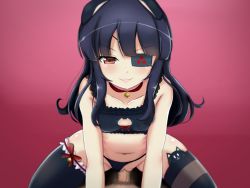 Rule 34 | 1boy, 1girl, absurdres, bell, black hair, breasts, cat cutout, choker, cleavage cutout, clothing aside, clothing cutout, collarbone, cowgirl position, drawfag, eyepatch, girl on top, hetero, highres, lace trim, lips, long hair, male pubic hair, mirai (senran kagura), navel, panties, panties aside, penis, pubic hair, red eyes, ribbon, senran kagura, sex, small breasts, smile, straddling, striped, thighhighs, uncensored, underwear