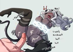 Rule 34 | !, 1boy, 1girl, ^^^, aftersex, artist name, ass, black horns, black thighhighs, blush, boots, breasts, chain, chained, commentary, cum, cum in pussy, dark-skinned female, dark skin, demon girl, demon horns, demon tail, english commentary, english text, fangs, grey background, grey hair, heart, helltaker, hetero, high heels, horns, judgement (helltaker), kinkymation, large breasts, long hair, male pubic hair, navel, nipples, nude, open mouth, penis, pubic hair, pussy, saliva, solo focus, spread legs, tail, thigh boots, thighhighs, tongue, tongue out, uncensored