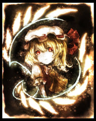 Rule 34 | 1girl, ascot, blonde hair, border, crystal, flandre scarlet, haiki (hakkyoii06), hat, hat ribbon, looking to the side, mob cap, parted lips, puffy sleeves, red eyes, ribbon, shirt, short hair, short sleeves, side ponytail, solo, touhou, upper body, vest, wings