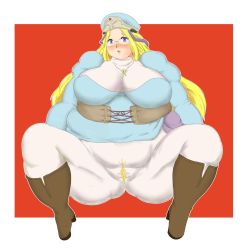 Rule 34 | 1girl, blonde hair, blue eyes, blush, boots, breasts, cross, fat, fat mons, glasses, hiro5452, huge breasts, jewelry, long hair, melpha, necklace, nun, obese, open mouth, pantyhose, queen&#039;s blade, sitting, solo, spread legs, thick thighs, thighs, tight clothes
