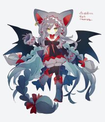 Rule 34 | 1girl, :&lt;, animal ears, animal hood, bat ears, bat wings, black gloves, black pantyhose, boots, bow, bowtie, braid, closed mouth, commentary, creatures (company), dress, full body, game freak, gen 4 pokemon, gliscor, gloves, grey footwear, grey hair, grey shorts, hair bow, hair ornament, hibi89, hood, long hair, looking at viewer, nintendo, pantyhose, personification, pokemon, puffy shorts, quad braids, red bow, red bowtie, red dress, shorts, simple background, solo, standing, standing on one leg, striped clothes, striped pantyhose, symbol-only commentary, very long hair, white background, wings, x hair ornament, yellow eyes