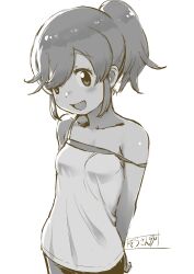 Rule 34 | 1girl, bare arms, bare shoulders, blush, breasts, collarbone, highres, kemono friends, looking at viewer, masuyama ryou, medium hair, monochrome, nana (kemono friends), open mouth, ponytail, shirt, short hair, small breasts, smile, solo, spaghetti strap, strap slip, tank top