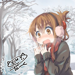 Rule 34 | 10s, 1girl, blush, breath, brown eyes, brown hair, darkside, earmuffs, folded ponytail, heavy breathing, inazuma (kancolle), kantai collection, open mouth, scarf, solo, sweater, tree, upper body