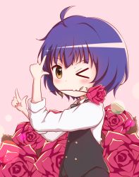 Rule 34 | &gt; o, 1girl, arm up, black skirt, black vest, blue hair, blush, brown background, brown eyes, commentary request, flower, flower in mouth, gochuumon wa usagi desu ka?, goth risuto, jouga maya, long sleeves, mouth hold, one eye closed, red flower, red rose, rose, shirt, short hair, skirt, solo, v-shaped eyebrows, vest, white shirt