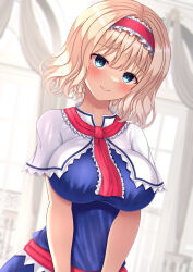 Rule 34 | 1girl, alice margatroid, blonde hair, blue eyes, blush, breasts, capelet, closed mouth, hairband, highres, indoors, large breasts, looking at viewer, red hairband, reijing etrn, short hair, smile, touhou, upper body, white capelet, window