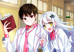 Rule 34 | 1boy, 1girl, :d, bad id, bad pixiv id, blazer, blush, book, bow, brown hair, closed mouth, door, flower-shaped pupils, green eyes, hair intakes, hand up, highres, holding, holding book, indoors, jacket, long hair, long sleeves, looking at viewer, mamel 27, necktie, open book, open clothes, open jacket, open mouth, original, pink neckwear, red bow, red eyes, shirt, silver hair, sliding doors, smile, symbol-shaped pupils, upper body, very long hair, w, white jacket, white shirt, window