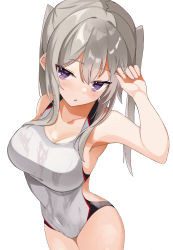 Rule 34 | 1girl, absurdres, bare arms, bare legs, bare shoulders, blonde hair, blush, breasts, collarbone, competition swimsuit, covered navel, cowboy shot, fathom, graf zeppelin (kancolle), hair between eyes, highres, kantai collection, large breasts, long hair, one-piece swimsuit, open mouth, purple eyes, sidelocks, simple background, solo, swimsuit, twintails, white background, white one-piece swimsuit